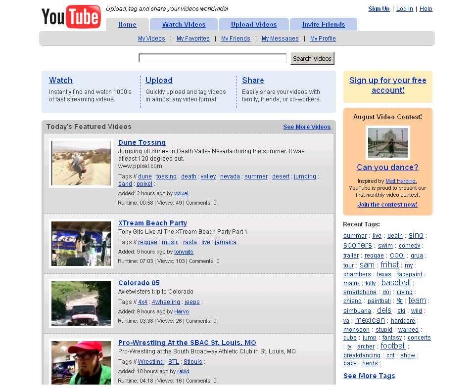 YouTube homepage in August (2005)